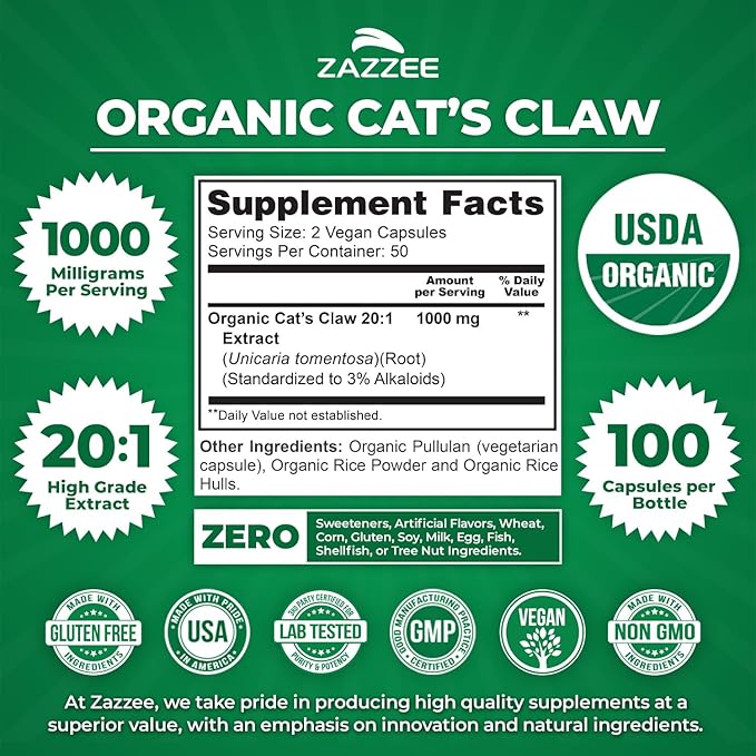 Zazzee USDA Organic Cat’s Claw 20:1 Extract, 1000 mg, Standardized to 3% Alkaloids, 100 Vegan Capsules, 20X Potency, Immune System and Joint Support, Non-GMO, All-Natural, Made in The USA