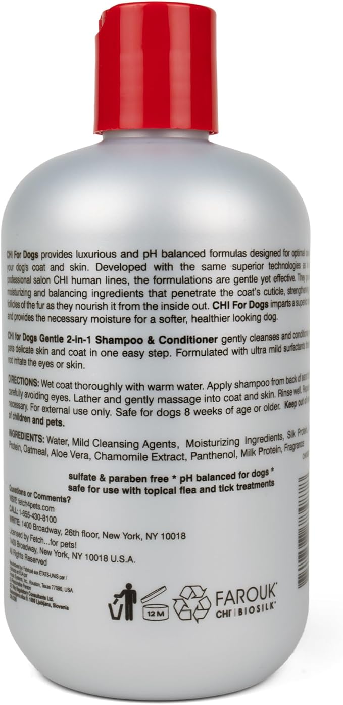 CHI for Dogs Gentle 2-in-1 Shampoo and Conditioner, pH Balanced Dog Wash with Ionic Technology, Moisturizing Clean for Puppies and Adult Dogs, All Coat Types, Made in The USA, 16 Fl Oz
