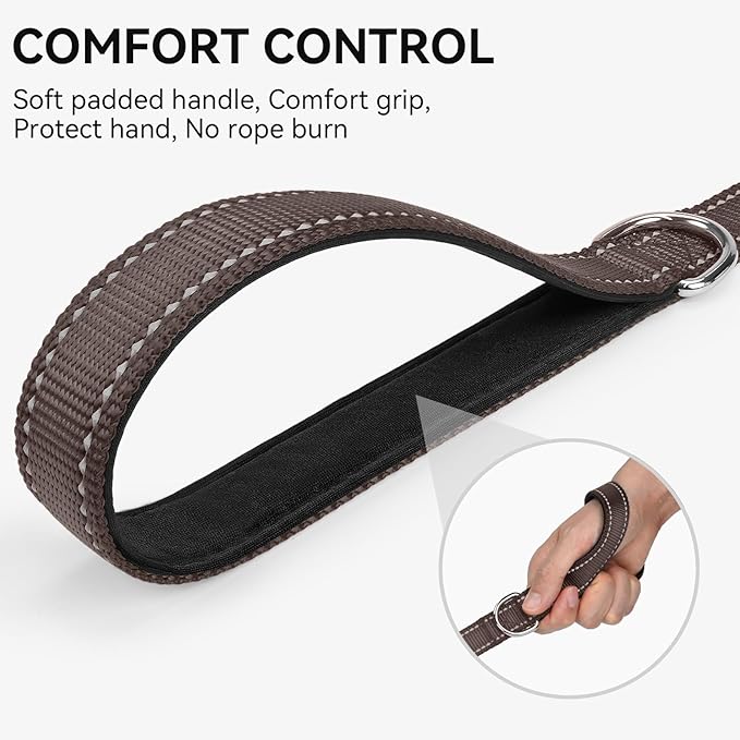 Joytale Double-Sided Reflective Dog Leash, 6 FT/5 FT/4 FT, Padded Handle Nylon Heavy Duty Leashes for Medium & Large Dogs Walking, Brown, 5FT
