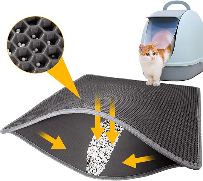 LeToo Cat Litter Mat Grey Trapping for Litter Box, No Slip & Large, Urine & Waterproof, Honeycomb Double Layer Anti Tracking Kitty Mats, No Phthalate, Washable Easy Clean (24" x 15", Grey)