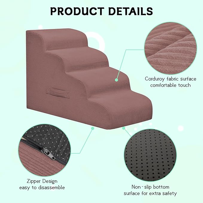 Dog Steps for Small Dogs, 4-Step Pet Ramp Stairs for High Beds and Sofa, Non-Slip Pet Stairs for Small Dogs and Cats, Removable and Easy to Clean Cover, Pink