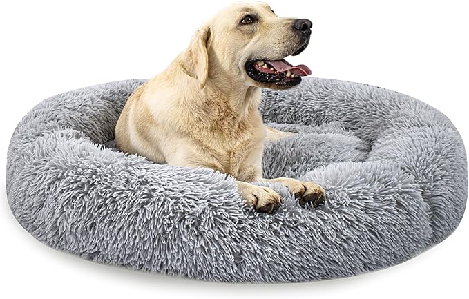 Calming Dog Bed for Big Dogs, 39'' Round Anti-Anxiety Warm Fluffy Plush Faux Fur Bed, Soft Anti-Slip Donut Washable Big Pet Bed, Cozy Big Dogs Bed, Fits up to 100 lbs Pets