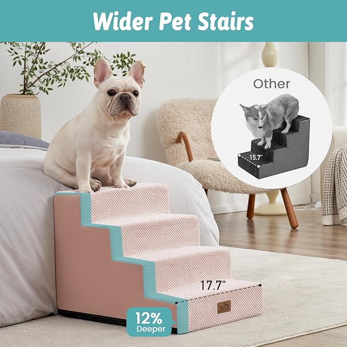 Dog Stairs for Small Dogs, 17.7" Extra Wide Right-Angle Pet Stairs for Couch and Beds, Anti-Slip Dog Steps for Old Cats and Lowrider, 17.7x23.6x17.7 inch, Pink