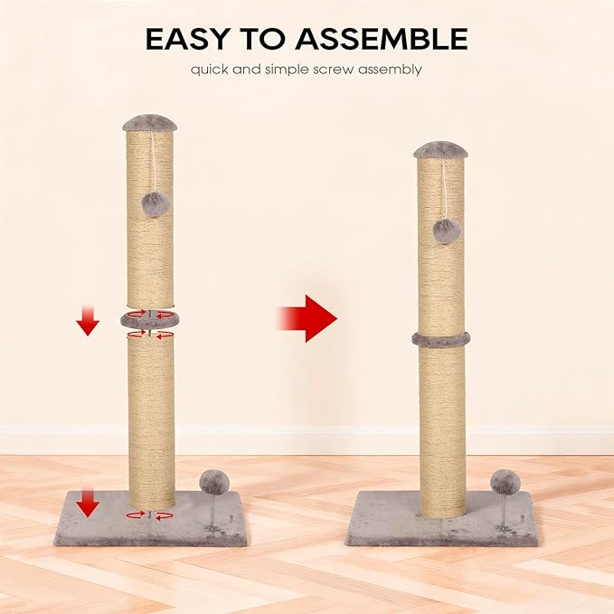 Dkelincs 33" Tall Cat Scratching Post Premium Sisal Kitten Scratcher with Hanging Ball for Indoor Cats, Cat Scratch Post for Living Room & Bedroom, Ideal for Cats at All Ages (Light Gray, 33 Inch)