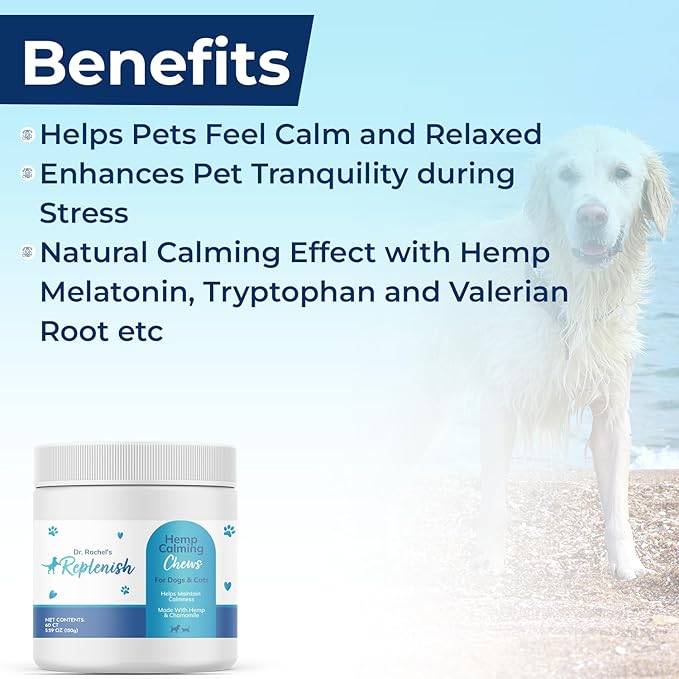 Replenish Hemp Calming Chews for Dogs - Pet Calming Chews – Separation Anxiety Relief for Dogs – Dog Calming Treats – Calming Treats for Cats Stress Support - Calming Bites for Dogs – 60 Count
