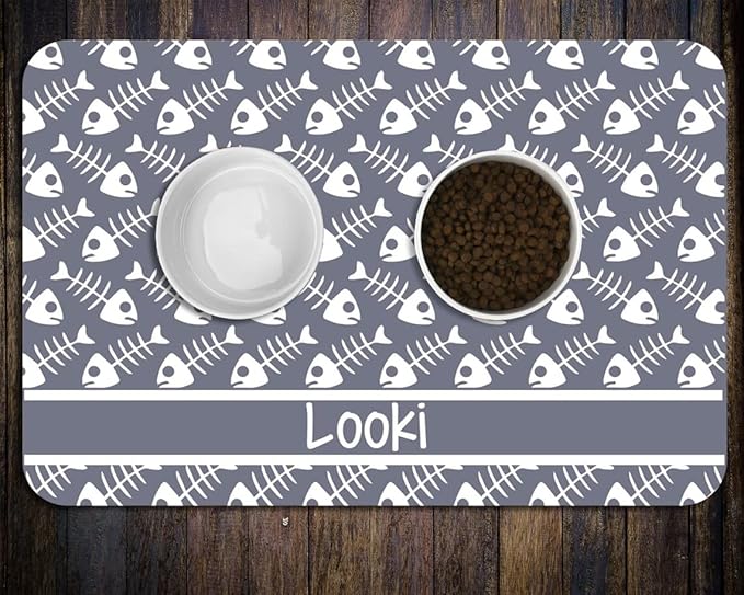 Personalized Dog Cat Food Mat PU Non-Slip at The Bottom Dog Bowl Mat Dog Mat for Food and Water Custom Pet Dog Food Mats for Floors Waterproof (Fish Bone)