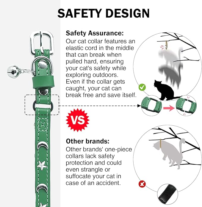 Leather Cat Collars for Boy Girl Cats with Bell and Safety Elastic Belt, Personalized Star and Moon Stud Adjustable Safe Buckle Collar for Kitty Small Big Cats Size 7-9 Inch, Green