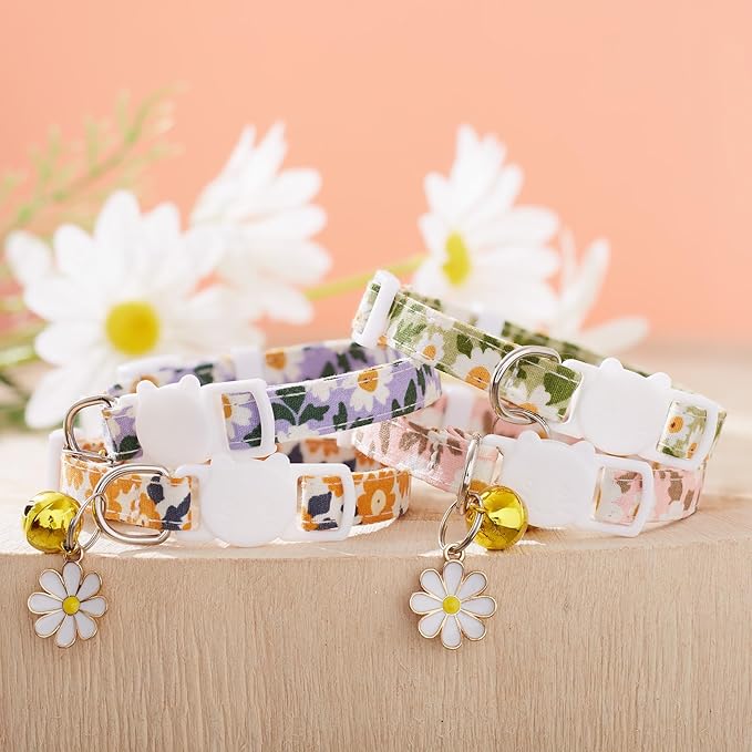 LAFAYI 4 Pack Cotton Breakaway Cat Collar with Bell & Flowers Pendant,Cute Pet Kitten Collar for Girl Boy Cats,Pet Supplies,Stuff,Accessories,Gifts
