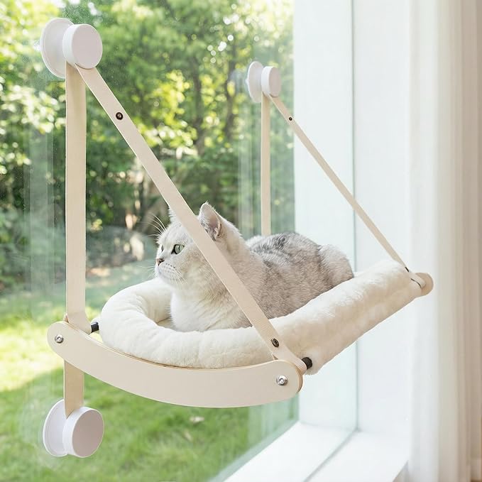 Kilodor Cat Window Perch, Cat Hammock for Window with 4 Strong Suction Cups - Easy Assembly, Solid Wood Frame with Large Cats Bed - Supports Up to 40lbs for Indoor Cats