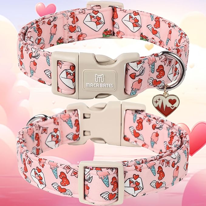 Maca Bates Valentine's Day Dog Collar with Red Heart Char,Love Letter Pattern Valentines Dogs Collars Durable Soft Adjustable Collor Valentine for Extra Small Girl Boy Puppy Pet