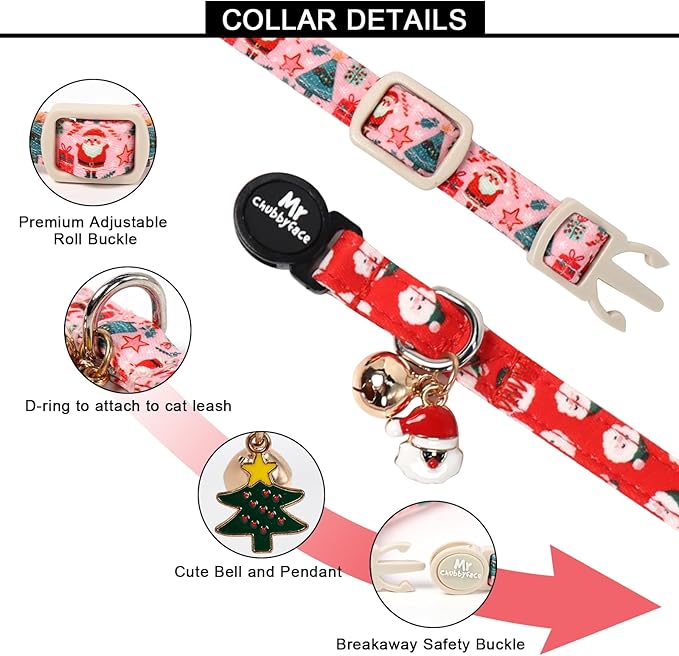 Christmas Cat Collar, 2 Pack Cute Breakaway Kitty Collar with Bell&Pendent, Soft Adjustable Christmas Pink and Red Santa Collar for Girl Boy Cats