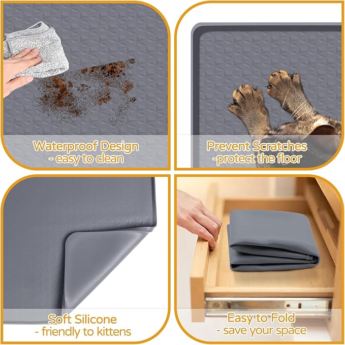 Lanstics Cat Food Mat, 51" x 26" Large Silicone Mat Cat Feeding Mat with Raised Edge Non-Slip Pet Feeding Mat for Food and Water Bowl, Easy to Clean, Floor Protection (Gray)