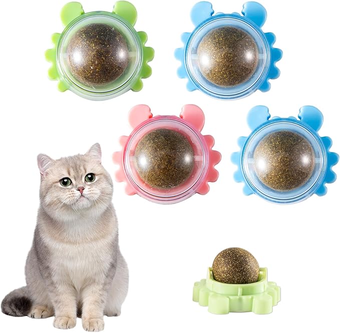 Catnip Balls 4 Pack Wall Mounted Catnip Balls 360° Rotatable Interactive Cat Toys for Indoor Cats Anxiety Relief & Teeth Cleaning Chew Toys