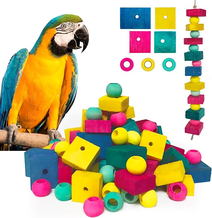 Bird Toys, 100 Pcs Multi-Color DIY Wooden Blocks, Chewing Playing Training Toy for Cockatoos, Macaws, African Grey, Small Medium Parrots