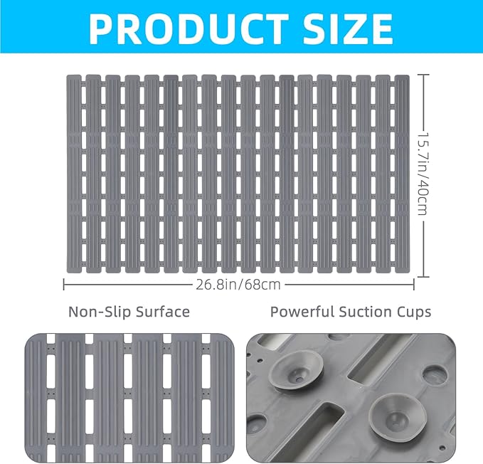 Non Slip Dog Bath Mat for Tub, Quick Drain Pet Bathtub Mat, 26.8 x 15.7 Inch Trimmable Non Slip Shower Pad with Drain Holes and 162 Suction Cups for Pet Bathing, Dog Shower Attachment (Grey S)