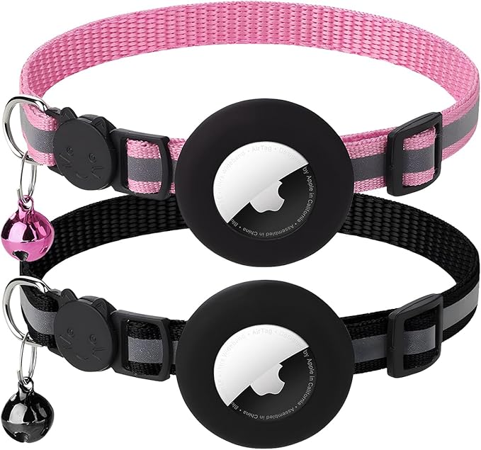 2 Pack Airtag Cat Collar with Bell, Reflective Nylon Kitten Collar with Apple Air Tag Holder and Breakaway Safety Buckle for Puppy Girl Boy Cats, 3/8" in Width and Lightweight, Black/Pink