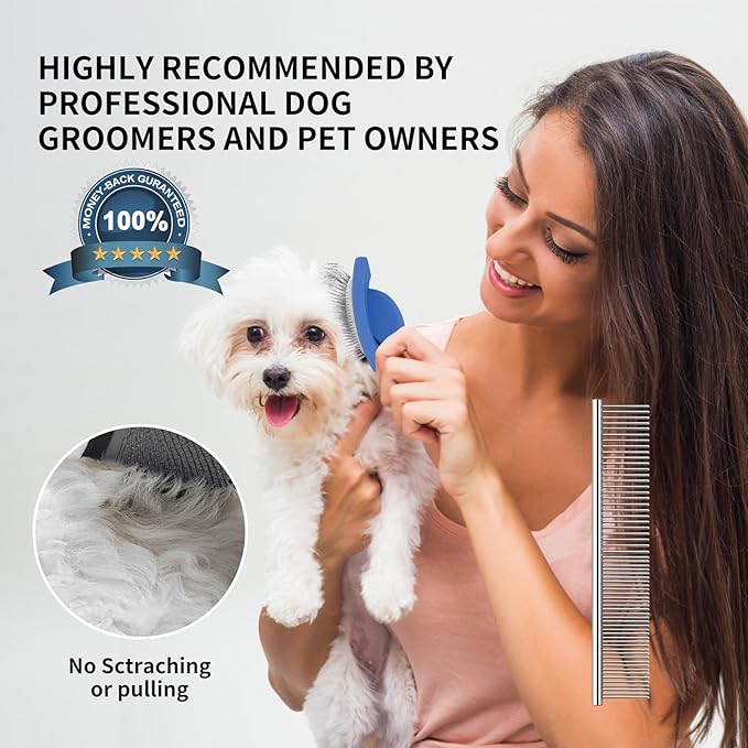 Long Pin Slicker Brush for Doodles & Poodles - 25mm Extra Long Pins Dog Brush with Stainless Steel Cleaning Comb, Solid Beech Wood Dematting Brush for Thick, Curly & Double Coats,Blue