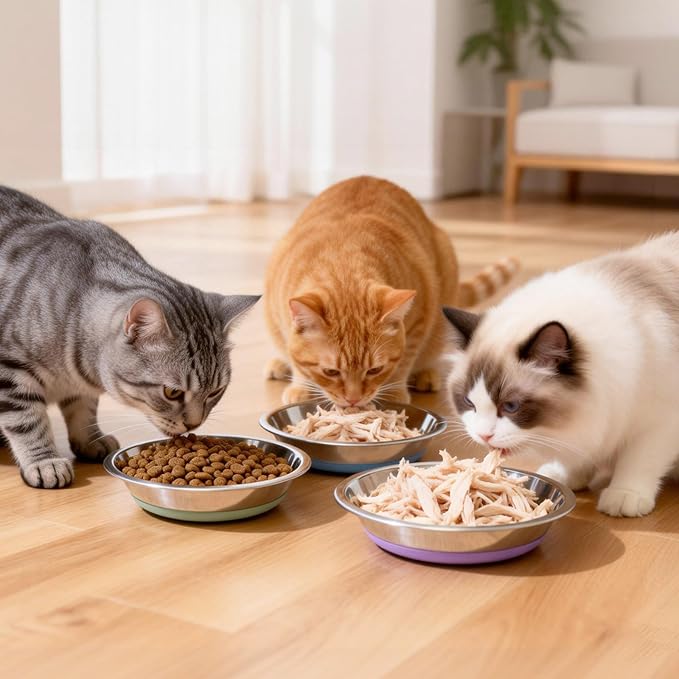 [8 Pack] Stainless Steel Cat Bowls, Cat Dishes Whisker Friendly with Non-Slip Silicone Bottom, Easy to Clean, 5.5" Shallow Wide Cat Food and Water Feeding Bowl for Indoor Outdoor Cats