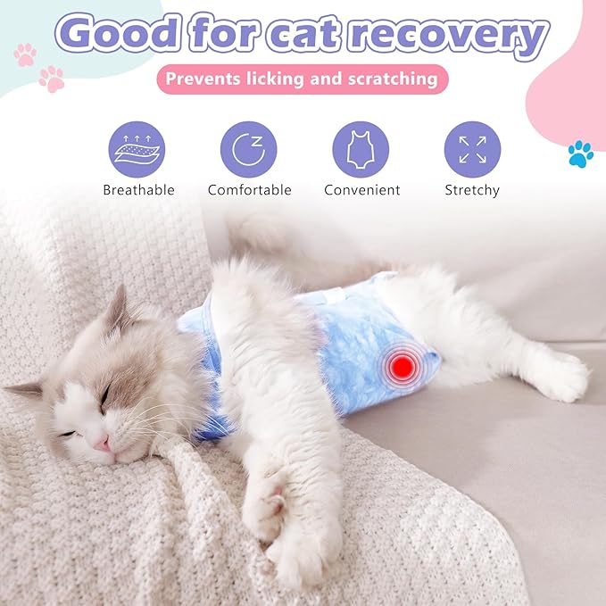 2 Pack Cat Surgery Recovery Suit for Female and Male, Soft Cat Spay Shirts Clothes, Comfortable Kittens Pajamas Onesie, Adjustable Fit to Stop Licking, Blue S