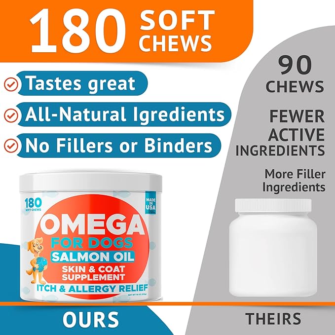 Omega 3 Fish Oil for Dogs (180Ct) - Skin&Coat Chews - Dry & Itchy Skin Relief + Allergy Support - Shiny Coat - EPA&DHA Fatty Acids - Salmon Oil Chews Promotes Heart - Peanut