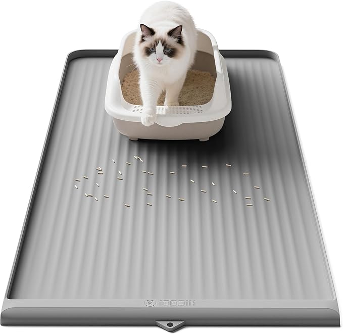 Cat Litter Mat 36x24 Inch, Silicone Litter Box Mat with Raised Edge and Diversion Groove, Waterproof Litter Trapping Mat, Easy to Clean Cat Mat for Litter Box, Grey