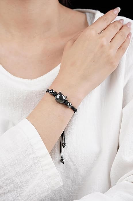 Black Obsidian Cat Bracelet and Moon Pendant Necklace Jewelry Set-Cat Lover Gifts,Wealth Attraction,Good Luck,Bead Bracelet,Mindfulness,Beaded Bracelets, Obsidian Pendant Necklace-Cute Gifts for Women