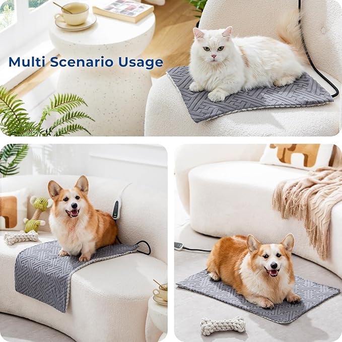 Cat Heating Pad - 11 Adjustable Temperature and 25 Timer Options, Heated Cat Bed Indoor with Chew-Resistant Cord for Small Dogs, 18x18 Inch