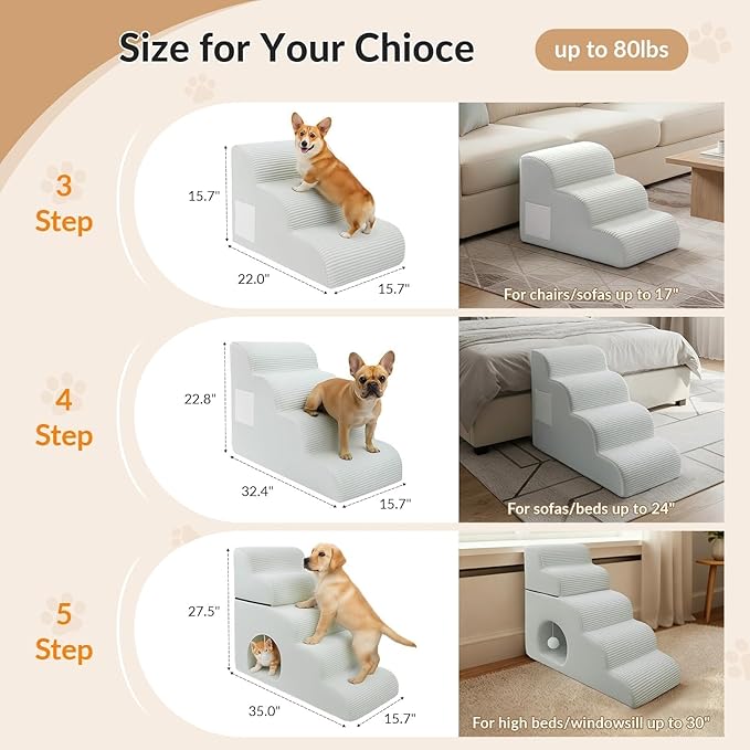Dog Stairs for Couch and Chair,15.7" H 3-Step Pet Steps for Small Dogs and Cats, Non-Slip Sturdy Dog Ramp with Anti-Tip Safety Strap and Washable Cover,Balanced Ramp Indoor Pet Stairs