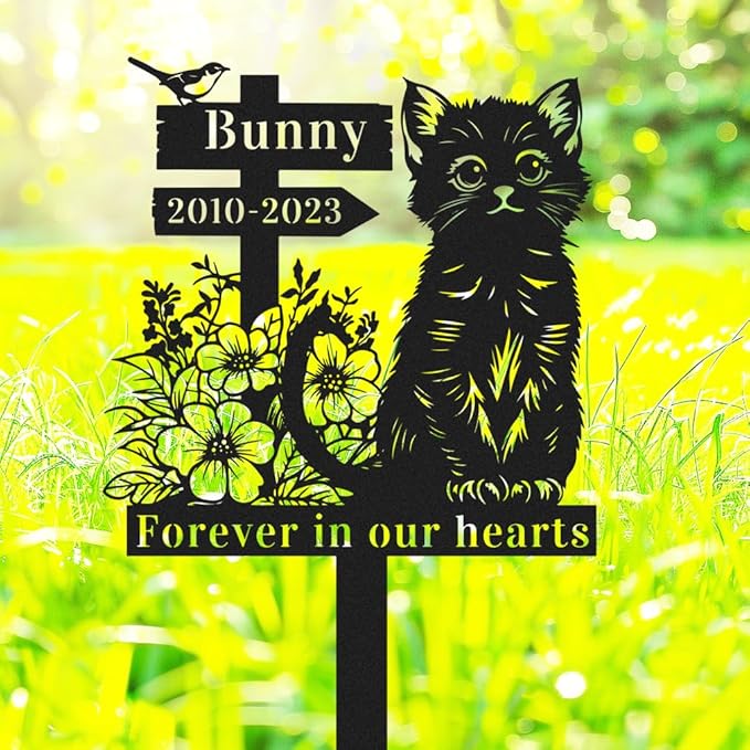 Custom Flowers Cat Memorial Garden Stake Personalized Bird Cat Memorial Grave Marker,Metal Cat Memorial Stake Yard Sign for Garden Lawn Cemetery,Customized Cat Memorial Plaque Burial Stake