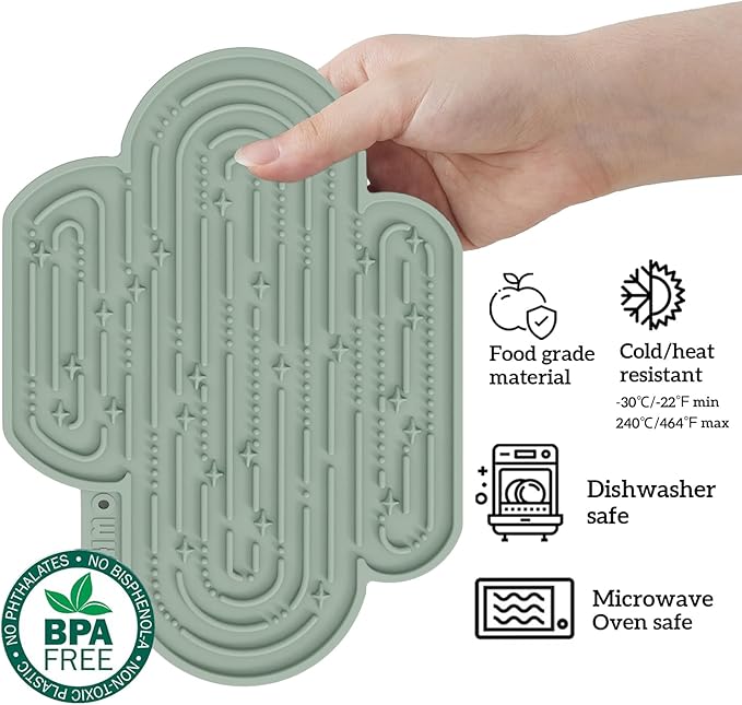 OHMO-Cactus Lick Mat for Dogs and Cats(2 Pack) Easy to Clean Pet Slow Feeder with Suction Cups, Licking Pad for Anxiety Relief and Boredom Reduction(Cactus&Light Green)