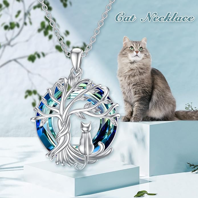 TOUPOP Cat Gifts for Cat Lovers Sterling Silver Cute Cats Tree of Life Pendant Necklace with Blue Circle Crystal Birthday Christmas Jewelry Gifts for Women