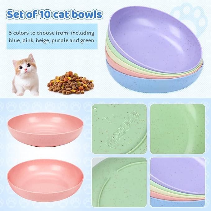 TKOnline 10 Pcs Cat Food Bowl, 5.6 Inch Plastic Shallow Pet Food and Water Dish for Relief Whisker Fatigue, Wide Cat Wet Feeding Bowls, Small Flat Dish for Indoor Outdoor Kittens Dogs