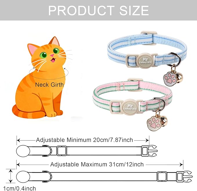 Cat Collar, 2 Pack Pink&Blue Stripe Kitty Collar, Cute Breakaway Kitten Collar with Bell&Pendent, Soft Cotton Collar with Safety Buckle for Female Male Cats