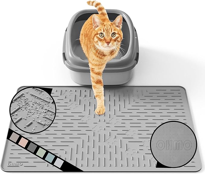 OHMO Cat Litter Mat Trapping Mat Premium Silicone Rubber 23.5x16 Grey, Waterproof and BPA Free Kitty Litter Box Mat, Easy to Clean and Keeps The Floor Tidy