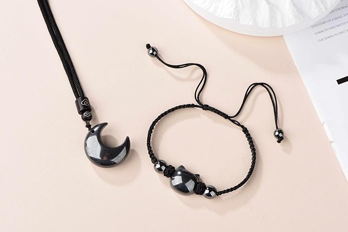Black Obsidian Cat Bracelet and Moon Pendant Necklace Jewelry Set-Cat Lover Gifts,Wealth Attraction,Good Luck,Bead Bracelet,Mindfulness,Beaded Bracelets, Obsidian Pendant Necklace-Cute Gifts for Women