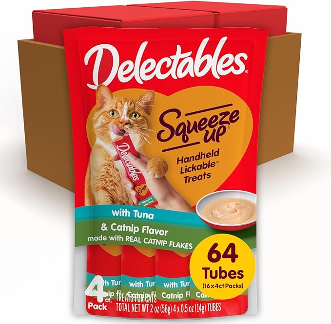 Delectables Squeeze Up Creamy Squeezable Puree, Lickable Wet Cat Treats, Grain Free, No Added Fillers, No by-Products, No Added Preservatives, 0.5 Ounces Tube Tuna with Catnip, 64 Tubes Total