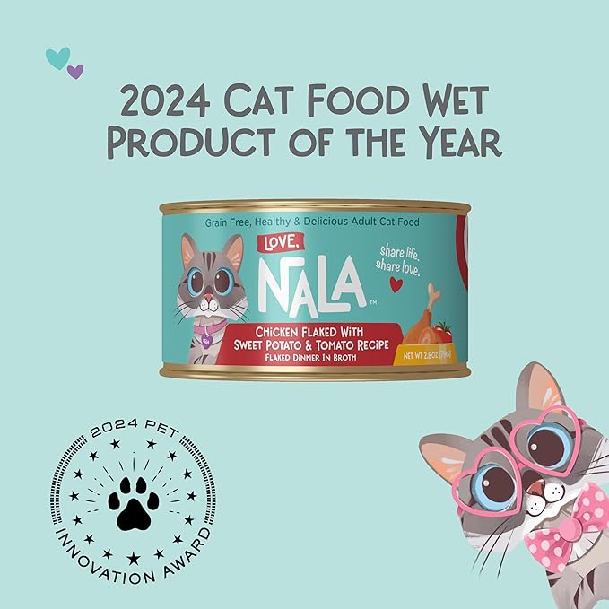 LOVE, NALA - Chicken Flaked with Sweet Potato & Tomato in Broth - 24 Pack, 4.8 lbs - Natural Adult Cat Wet Food Flaked -Grain Free, Non-GMO, Lean Protein, Added Minerals & Vitamins