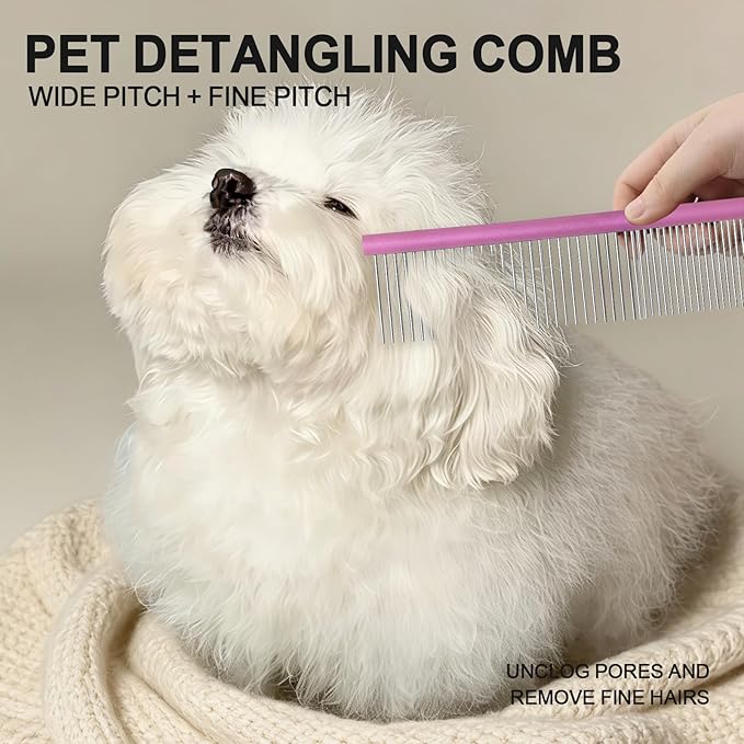 Large Purple Pet 2-in-1 Metal Comb Fine&Wide Tooth Comb Dematting Grooming Tool Pet Flea Comb for Dogs and Cats Remove Loose Hair Mats Knots Tangles Dirt Fleas