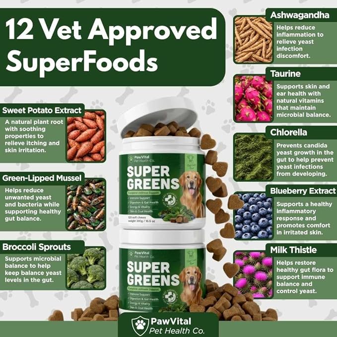 Super Greens Multivitamin Chews for Dogs – Dog Greens & Daily Dog Multivitamin with Spirulina, Chlorella, Probiotics & Enzymes for Immune, Gut, Skin & Energy Support – Beef Liver – 150 Chews