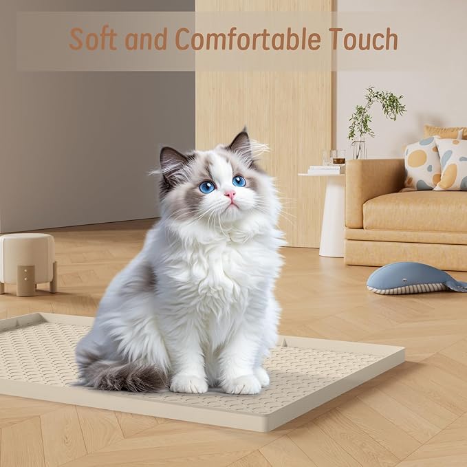 2pcs 34"x22" Litter Mats Extra Large Easy Clean, Cat Litter Mat Large, Silicone Dog or Cats Feeding mat Waterproof, Cat Litter Mats for Indoor Cats, Grey and Beige