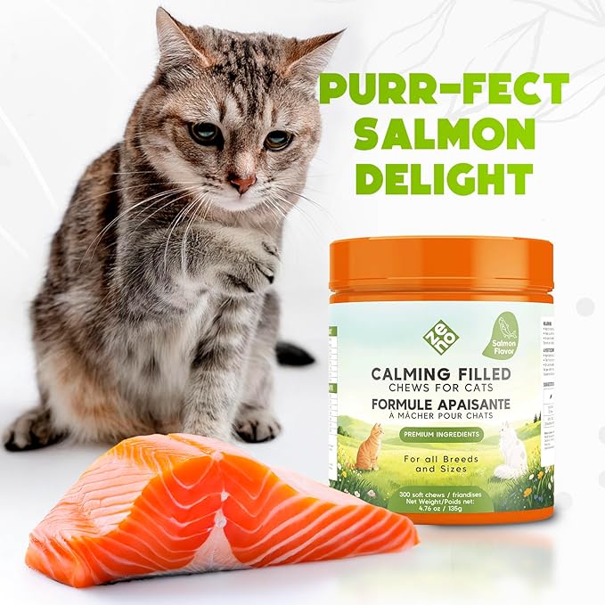 ZENO Hemp Calming Chews for Cats Anxiety 300 pcs - Feline Anxiety Relief with Melatonin - for Stress, Travel, Check-up, restlessness or Separation - Crunchy & Creamy Salmon Cat Calming Treats