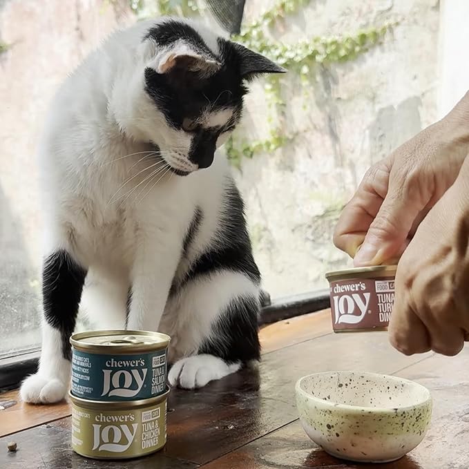 Chewer's Joy Wet Cat Food Variety Pack – 3 Flavors: Tuna & Salmon, Tuna & Chicken, Tuna & Turkey – Natural Pâté – High Protein – Grain Free – Complete & Balanced Nutrition – 24 Cans (3 oz)