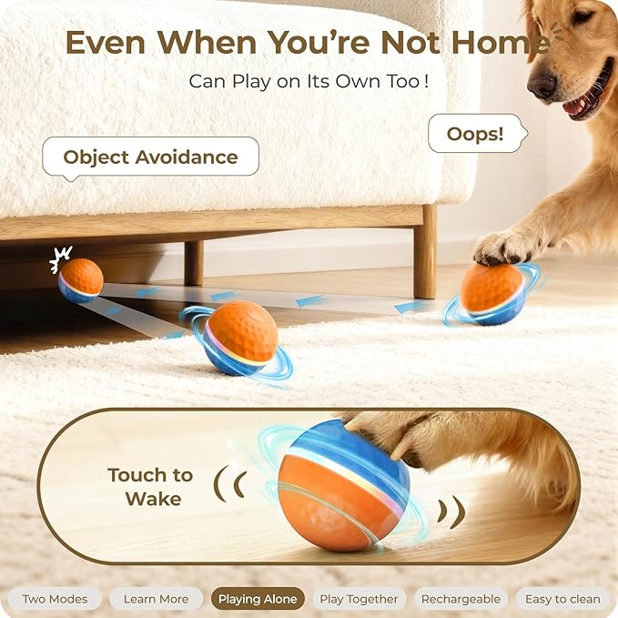 Apasiri Interactive Dog Toys: Duraspin Dog Ball with LED Lights, Automatic Moving Dog Toys for Aggressive Chewers, Dog Toys for Large Dogs, Vibrating Dog Toy Balls for Small, Medium (3.74 in Diameter)