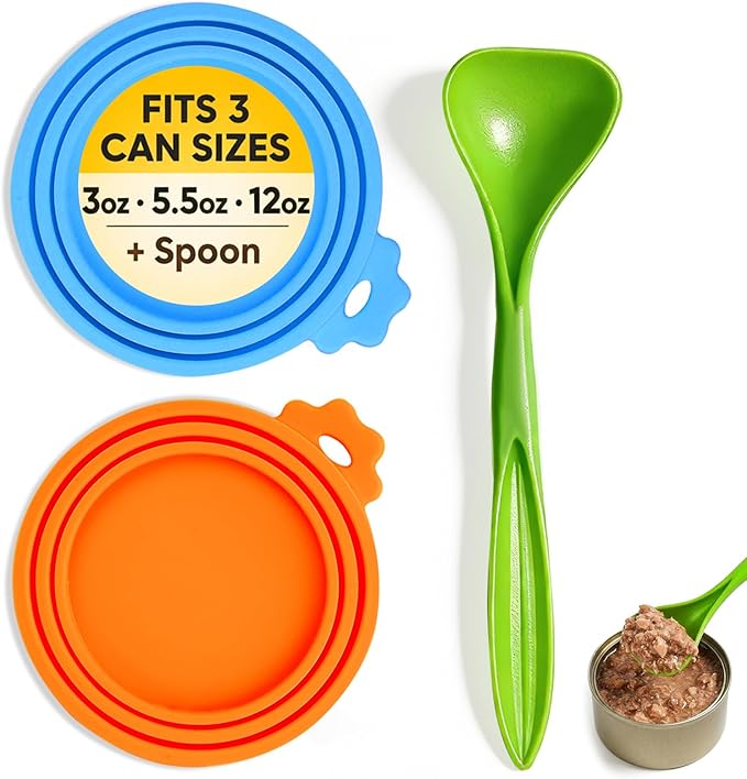 Lydia’s Deal Pet Food Can Covers 2-Pack, Thick Silicone Universal Can Lids for Dog & Cat Food, Fits 3oz/5.5oz/12oz, Airtight Seal, Durable & Dishwasher Safe, Easy Grip with Spoon (Blue & Orange)