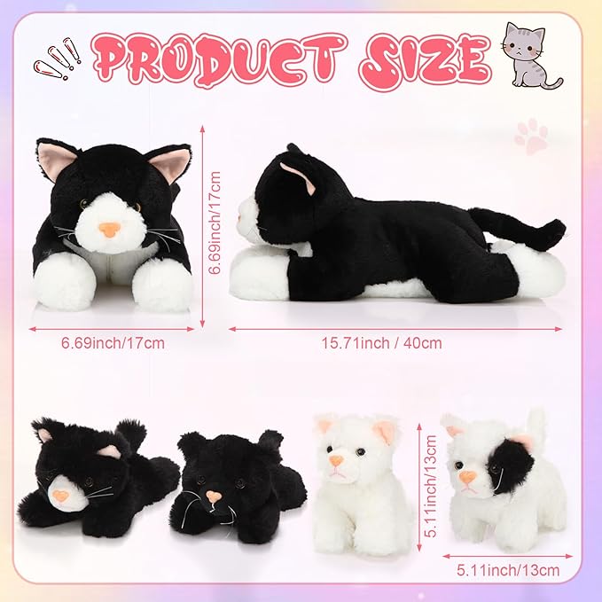 Skylety 5 Pieces Cat Stuffed Animal with Babies Inside Belly Plush Cat Pregnant Mommy Kitty with 4 Cute Fluffy Stuffed Kittens Christmas Birthday Surprise Gifts(Black, White)