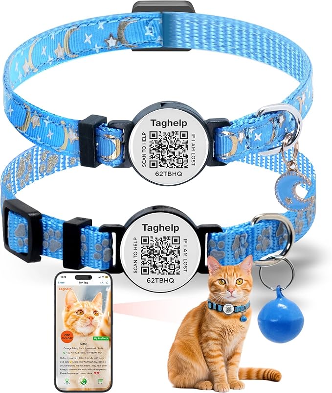 Breakaway Safety Cat Collar with QR Code ID Tag, 2 Pack Reflective Lightweight Kitten Collars – Silent Durable Collar with Online Pet Info Profile, Blue