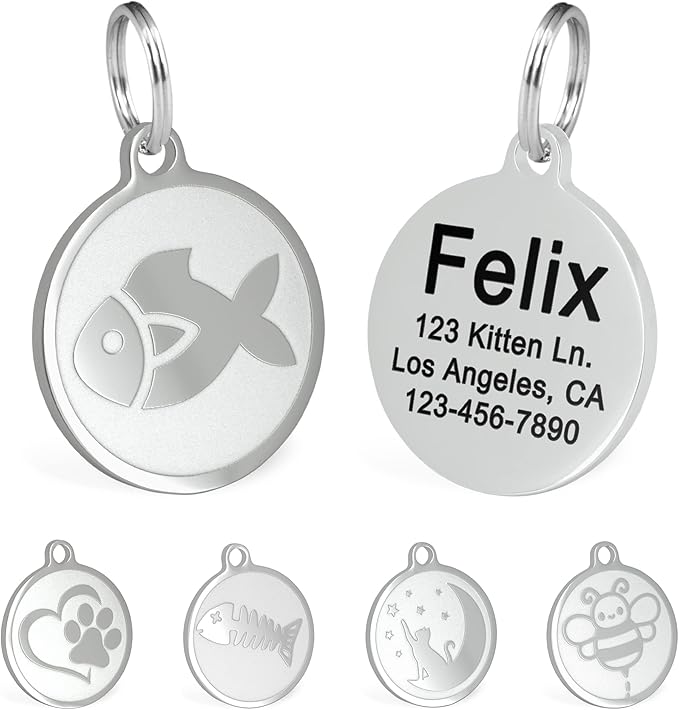 Ultra Joys Engraved Cat Name Tags Personalized - Stainless Steel Name Tag Pet Identification - Small Dog ID Tags Personalized for up to 4 Lines of Text - Pet ID Tags for Cat Collar - Fish