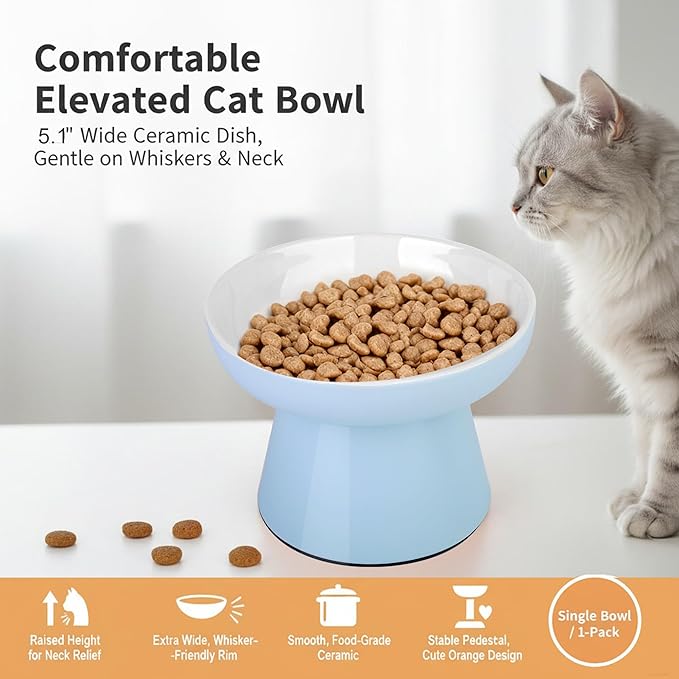 Elevated Cat Food Bowls,Ceramic Raised Cat Bowls with Non-Slip Base,Whisker Friendly Shallow Design for Dry & Wet Food,Anti Vomiting, Dishwasher Safe(Blue)