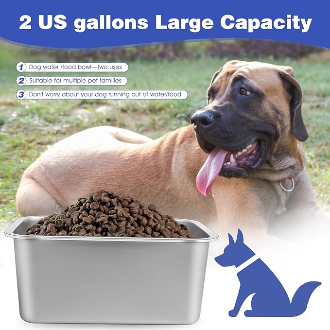 2 Gallons Large Dog Water Bowl, Stainless Steel Metal Dog Bowls, Large Capacity Pet Food Bowl Water Dish for Indoor and Outdoor Universal for Medium Dogs 12.6''×8.7''×5.9''