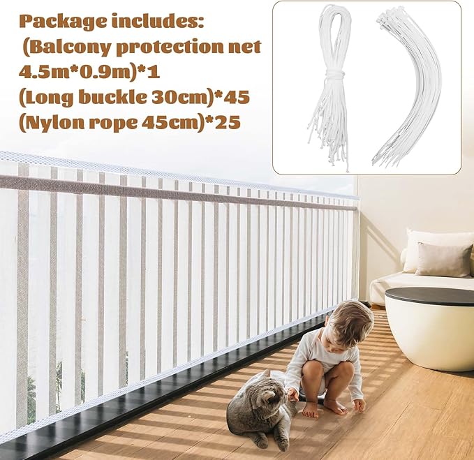 Hosuly Banister Guard 15 x 3 ft Balcony Netting for Kids Pets Stairway Safety Net Baby Fence Door Balcony Netting Safety Mesh Stair Net with No Drilling for Apartment Railing(White)